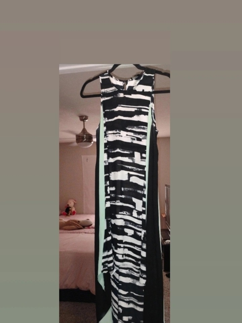 BCBGMaxAzria Black & White Abstract Print Maxi Dress with Mint Panels